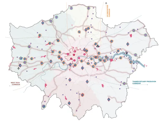 Diagram illustrating key spatial aspects of the Growing London's Economy policies