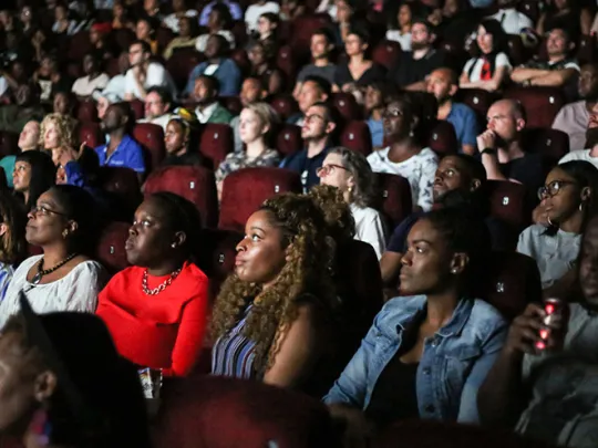 Members of the public in a cinema hall watching a film