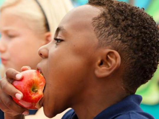 School boy eating apple