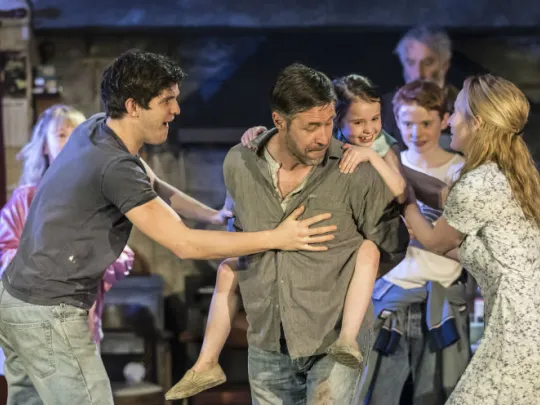 Laura Donnelly, Caitlin Carney and Paddy Considine on stage for The Ferryman, Gielgud Theatre