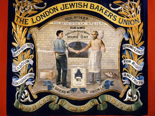 The banner represents a tangible link with the Jewish labour movement which flourished in London’s East End at the turn of the 19th and 20th centuries. It was commissioned while Michael Proof, a leading militant, was the union’s secretary.