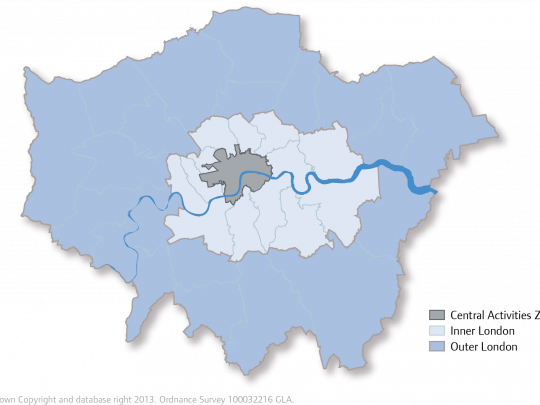 Map 2.2 - Outer London, Inner London and CAZ
