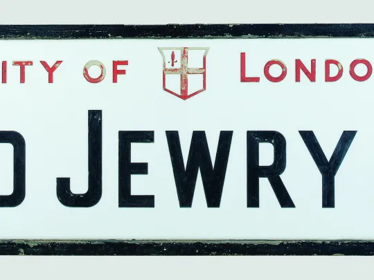 Glass and metal street sign for Old Jewry, EC2, in the City of London Image credit: Jewish Museum London