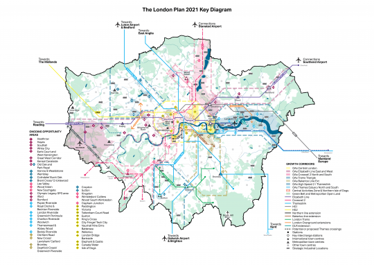Diagram of London showing the location of the key policy areas from the London Plan 2021, including opportunity areas, major public transport infrastructure, Green Belt, Metropolitan Open Land, the Central Activities Zone and town centres.