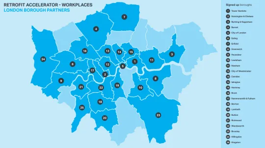 Retrofit accelerators workplaces - map of London borough partners, 2023