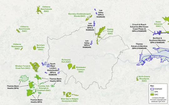 Map showing sites relevant to the Habitat Regulations for London