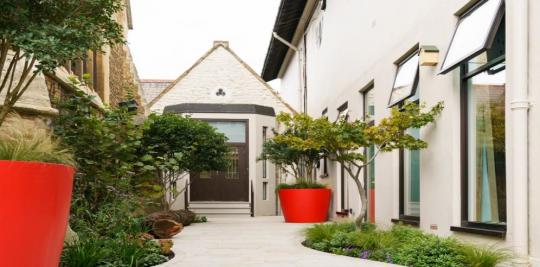 Polka garden environment outside a building garden area with red flowerpot and trees