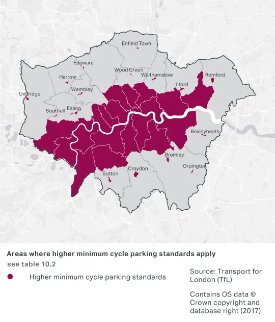 A map of London showing where higher minimum cycle parking standards apply. These are concentrated across the entirety of the inner London Borough areas, and outer central West London Boroughs, and in the major town centres of outer London Boroughs.
