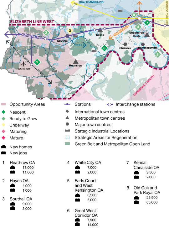 A map showing the Heathrow/Elizabeth Line West opportunity area grouping, which consists of the Heathrow, Hayes, Southall, White City, Earls Court/West Kensington, Great West Corridor, Kensal Canalside and Old Oak Park Royal OAs. The map shows that the OAs are all north of the River Thames and all along the route of the Elizabeth Line (although the Earls Court and West Kensington OA is further south). The White City, Kensal Canalside and Old Oak and Park Royal OAs are also close to the HS2 proposed route. T