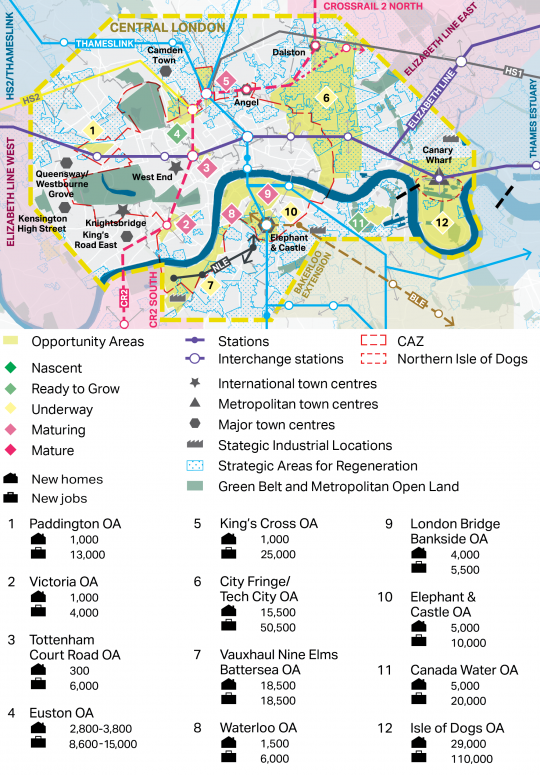 A map showing the Central London opportunity area grouping, which consists of the opportunity areas Paddington, Victoria, Tottenham Court Road, Euston, King’s Cross, City Fringe/Tech City, Vauxhall Nine Elms Battersea, Waterloo, London Bridge/Bankside, Elephant and Castle, and Canada Water and the Isle of Dogs. The most significant growth is planned in the City Fringe/Tech City, Vauxhall Nine Elms Battersea and Isle of Dogs OAs. Significant growth in jobs is expected in Kings Cross and Canada Water also. Eu