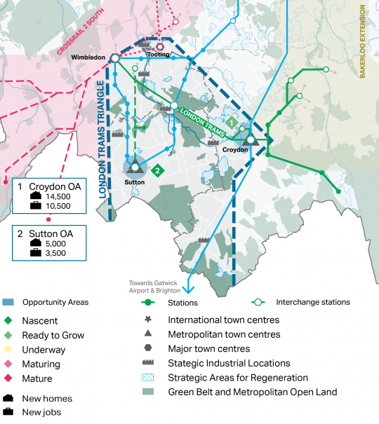 A map showing the Trams Triangle grouped opportunity area, which consists of the Croydon and Sutton opportunity areas. The map shows the proposed extension of the tram line to Sutton and the proposed Crossrail 2 route which passes along the north west edge of the opportunity area, passing through Wimbledon, which will connect with the existing tramline. Most significant growth is planned for Croydon out of the two OAs. Sutton OA is at the nascent (beginning) stage, whilst Croydon OA is at the ready to grow 