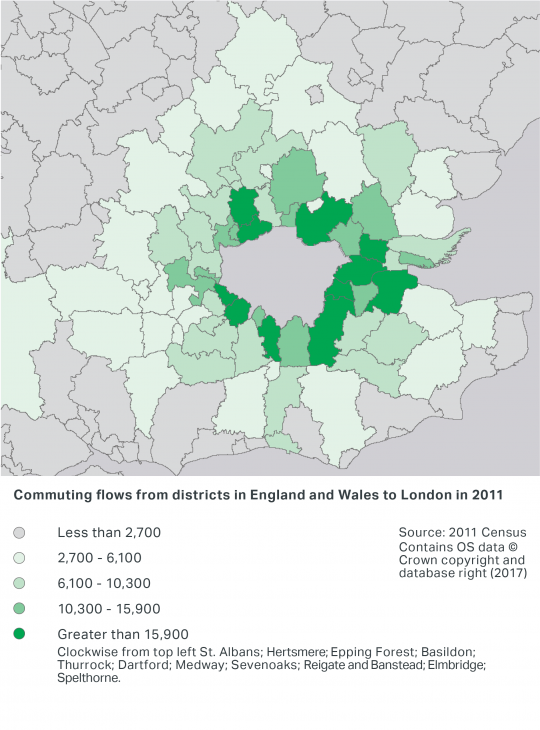 A map showing community flows from outside of London, using Census 2011 data. The map shows that most people commute into London from neighbouring district authorities, particularly those immediately to the east and south east. Whilst fewer people commute from districts further away from London, commuter flows reach further distance wise north and to the west.