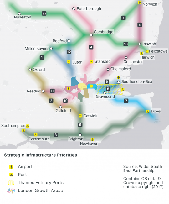 A map showing the 13 strategic industrial locations in the wider South East of England, in relation to airports, ports,  the Thames estuary ports and London Growth areas
