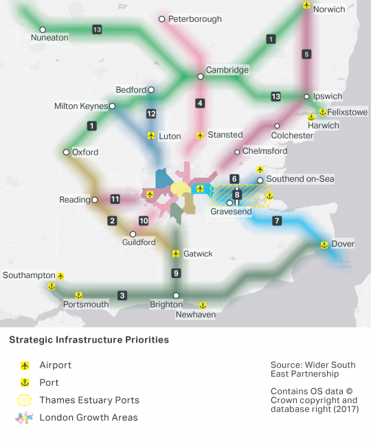 A map showing the 13 strategic industrial locations in the wider South East of England, in relation to airports, ports, the Thames estuary ports and London Growth areas