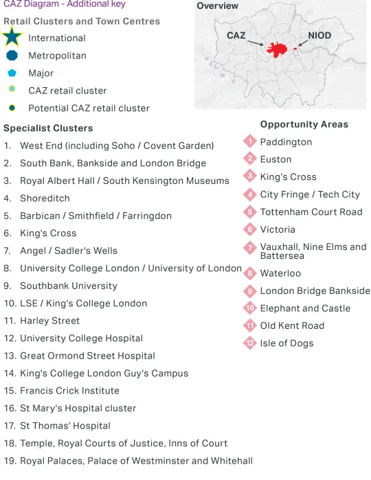 A map showing the Central Activities Zone, including the West End, the South Bank, the City of London and Regent's Park, Hyde Park, Green Park and St James's Park.
