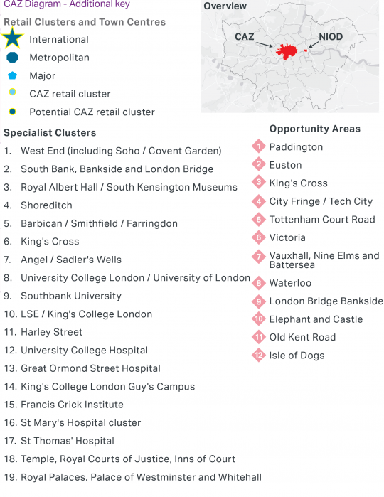 A map showing the Central Activities Zone, including the West End, the South Bank, the City of London and Regent's Park, Hyde Park, Green Park and St James's Park. 