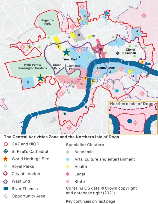 A map showing the Central Activities Zone, including the West End, the South Bank, the City of London and Regent's Park, Hyde Park, Green Park and St James's Park. 