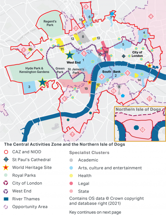 A map showing the Central Activities Zone, including the West End, the South Bank, the City of London and Regent's Park, Hyde Park, Green Park and St James's Park.