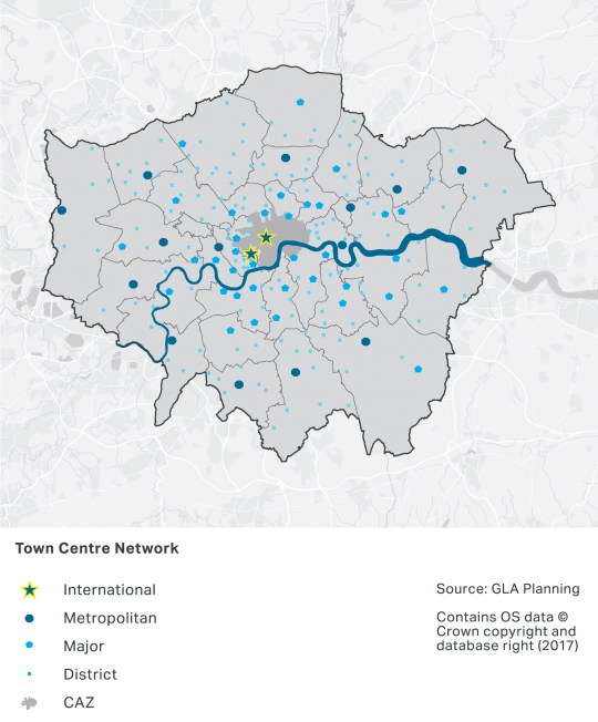 A map showing the international, metropolitan, major, district town centres across London, and the Central Activities Zone (CAZ). There are two international town centres within the CAZ in central London. The metropolitan town centres are mostly located in the outer London boroughs. The major town centres are mostly located in the inner London Boroughs, except for in the South East and North London.