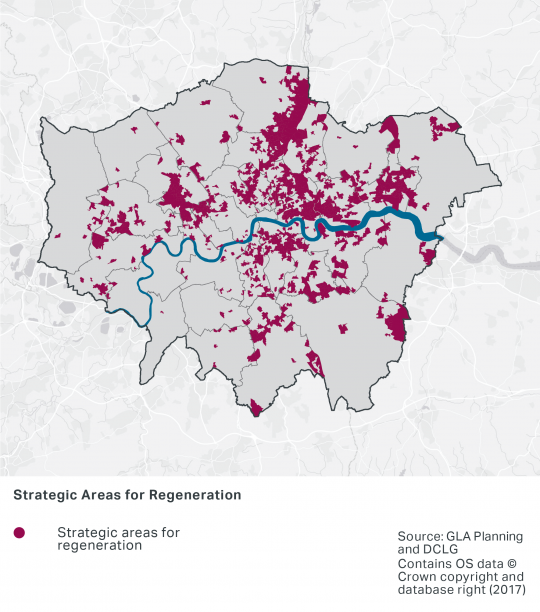 A map of London's strategic areas for regeneration, a large concentration of which are located in central North London.