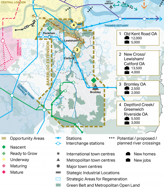 A map showing the Bakerloo Line extension opportunity areas (Old Kent Road, New Cross/Lewisham/Catford, Bromley and Deptford Creek/Greenwich Riverside) in relation to one another, and in relation to other groupings of opportunity areas and transport infrastructure. The opportunity areas within the Bakerloo Line Extension grouping are mostly around Peckham, Lewisham and Catford, with most significant growth expected around Peckham and Catford. There are large areas of greenbelt in the south of the Bakerloo