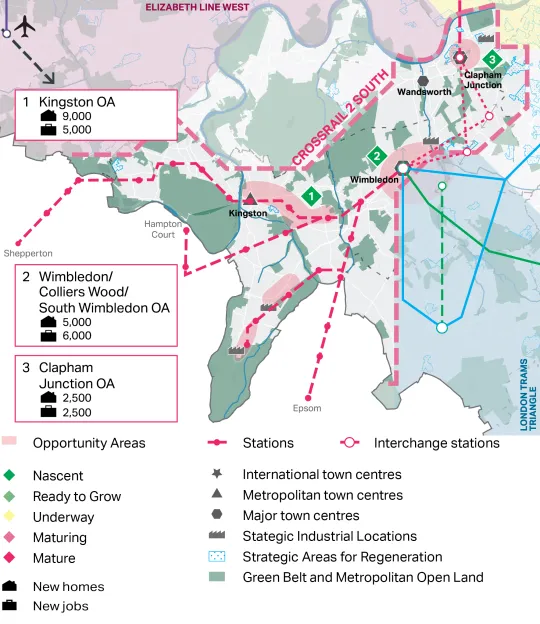 A map showing the South West London / Crossrail 2 South OA grouping (Kingston OA, Wimbledon/Colliers Wood/South Wimbledon OA and the Clapham Junction OA) in relation to one another and along the potential Crossrail 2 train line. Out of the three OAs, most significant growth is expected in the Kingston OA. All three OAs are at the Nascent stage (beginning).