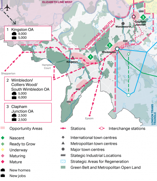 A map showing the South West London / Crossrail 2 South OA grouping (Kingston OA, Wimbledon/Colliers Wood/South Wimbledon OA and the Clapham Junction OA) in relation to one another and along the potential Crossrail 2 train line. Out of the three OAs, most significant growth is expected in the Kingston OA. All three OAs are at the Nascent stage (beginning).