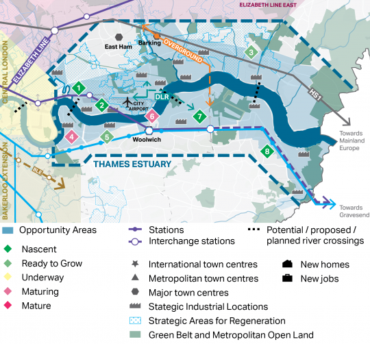 A map showing the Thames Estuary opportunity area grouping, including the Poplar Riverside, Royal Docks and Beckton Riverside, London Riverside, Greenwich Peninsula, Charlton Riverside, Woolwich, Thamesmead and Abbey Wood and Bexley Riverside opportunity areas in East London along the River Thames. The map shows the OAs within the grouping in relation to each other, and other OA groupings and transport infrastructure. The OAs are all within proximity to the Thames, particularly those closer to central Londo