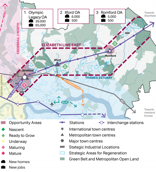 A map showing the Elizabeth Line East opportunity area grouping, including the Olympic Legacy OA, Ilford OA and Romford OA in North East London, which all follow the route of the Elizabeth train line. The map shows the OAs within the grouping in relation to each other, and other OA groupings and transport infrastructure – for example, this grouping border the Thames Estuary OA grouping, which is to its south. Out of the OAs within this grouping, most significant growth is in the Olympic Legacy OA. The Olymp