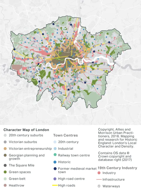 An outline character map of London, showing their historic and urban, green, infrastructure, road and waterway categorisation. The map shows that large area of central London is Georgian planning and growth, surrounded by Victorian suburbs. There are significant industrial areas particularly in North West London. There are four high roads from the North to central London, and two from the South.