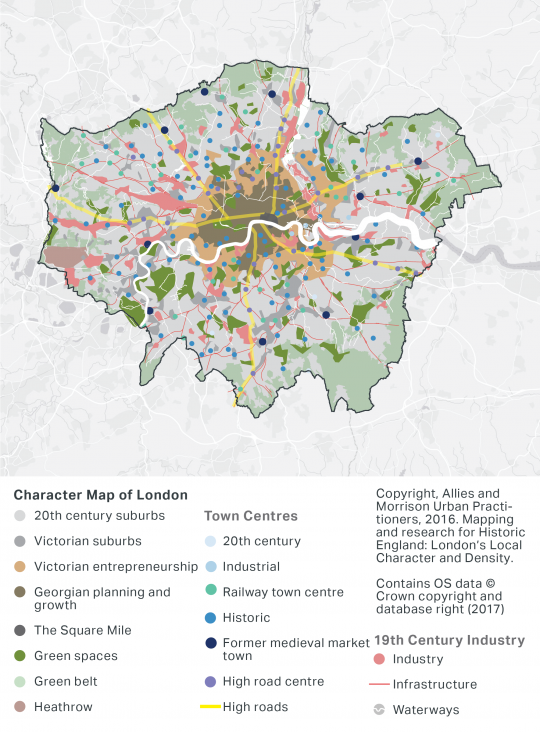 An outline character map of London, showing their historic and urban, green, infrastructure, road and waterway categorisation. The map shows that large area of central London is Georgian planning and growth, surrounded by Victorian suburbs. There are significant industrial areas particularly in North West London. There are four high roads from the North to central London, and two from the South.