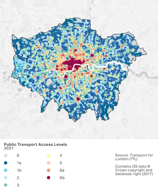 A map showing Public Transport Access Levels in London. The map shows that substantial areas of central London and inner London north of the Thames reach the highest levels of public access. Outer London boroughs, particularly in the South East, experience lower levels of public transport access.