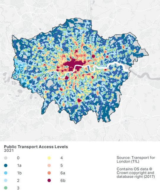 A map showing Public Transport Access Levels in London. The map shows that substantial areas of central London and inner London north of the Thames reach the highest levels of public access. Outer London boroughs, particularly in the South East, experience lower levels of public transport access.