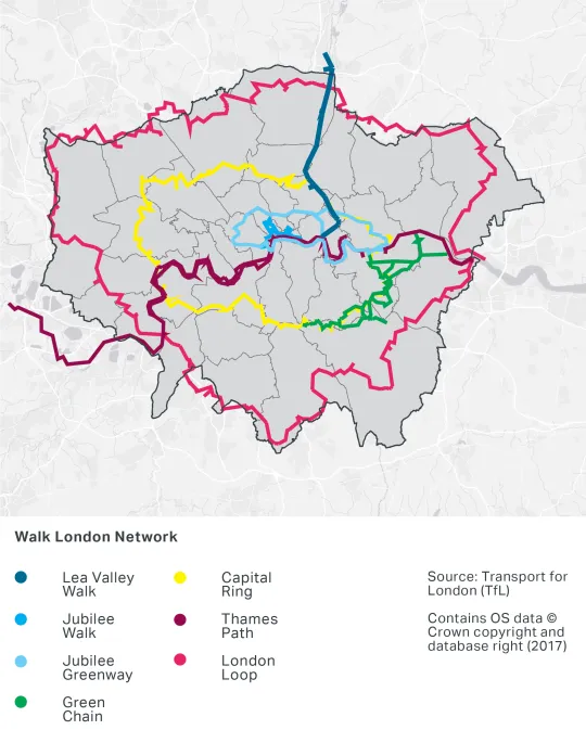 A map of London's Walk Networks which consist of the following walks: Lea Valley, Jubilee, Jubilee Greenway, Green Chain, Capital Ring, Thames Path and London Loop.