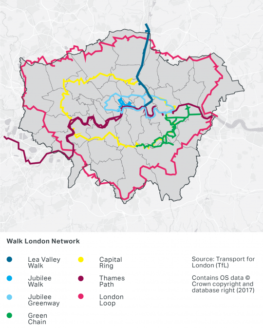A map of London's Walk Networks which consist of the following walks: Lea Valley, Jubilee, Jubilee Greenway, Green Chain, Capital Ring, Thames Path and London Loop.