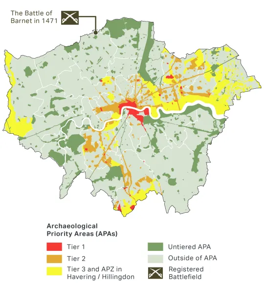 A map showing London's Archaeological Priority Areas, including Tier 1, Tier 2 and Tier 3 APAs and APZ in Havering and Hillingdon, untiered APAs and outside of APA. The largest Tier 1 APA is located in Central London, north and south of the River Thames. The area directly North East of the River Thames is Tier 3. The map also notes the Registered Battlefield where the Battle of Barnet took place in 1471 on the outskirts of north London.