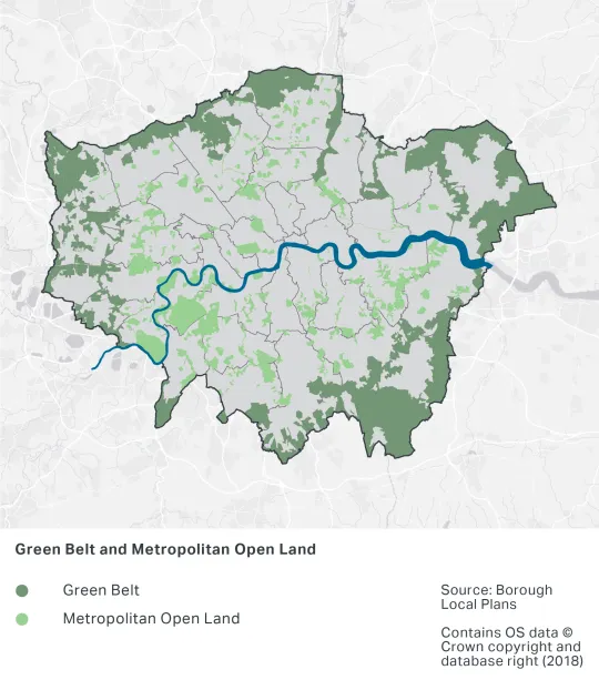 A map showing London's Green Belt on the outskirts of London, with a considerable area in South East London in the London Borough of Bromley. The map also shows London's Metropolitan Open Land , which is located across London, with large areas in West and South West London.