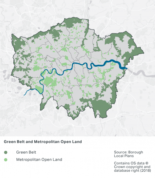 A map showing London's Green Belt on the outskirts of London, with a considerable area in South East London in the London Borough of Bromley. The map also shows London's Metropolitan Open Land , which is located across London, with large areas in West and South West London.