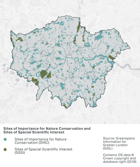 A map of London's Sites of Importance for Nature Conservation (SINC) and Sites of Special Scientific Interest (SSSI). SINC are located across London and are in varying sizes. There are fewer SSSI than SINC - the largest SSSI is located in South West London.