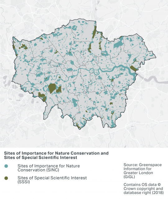 A map of London's Sites of Importance for Nature Conservation (SINC) and Sites of Special Scientific Interest (SSSI). SINC are located across London and are in varying sizes. There are fewer SSSI than SINC - the largest SSSI is located in South West London.