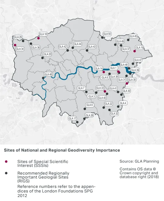 A map of London's sites of national and regional geodiversity importance. There are 7 Sites of Special Scientific Interest (SSSIs) located in East or North West London. There are approximately 28 recommended Regionally Important Geological Sites (RIGS), which are spread across London, except for in South West London.
