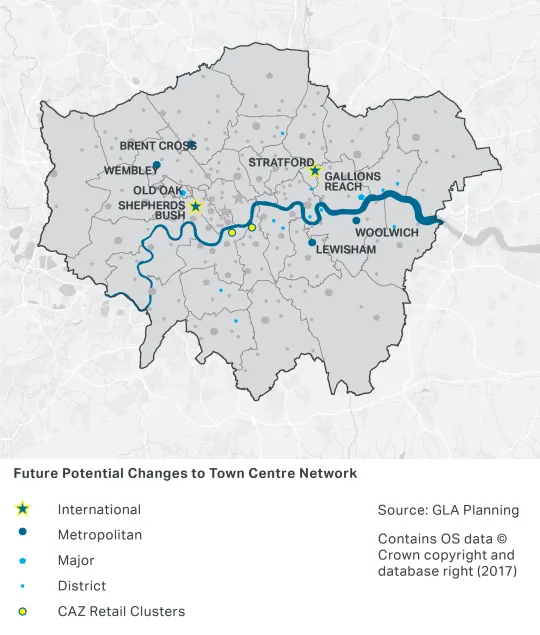 A map of London showing the centres that may have the potential to be re-classified in the future. Stratford and Shepherds Bush may be reclassified as international centres. Wembley, Brent Cross, Woolwich and Lewisham may be re-classified as metropolitan centres. Old Oak and Gallions Reach may be re-classified as major centres. There are two sites that may be reclassified as CAZ Retail Clusters in central London south of the River Thames. There are several areas along the River Thames in East London