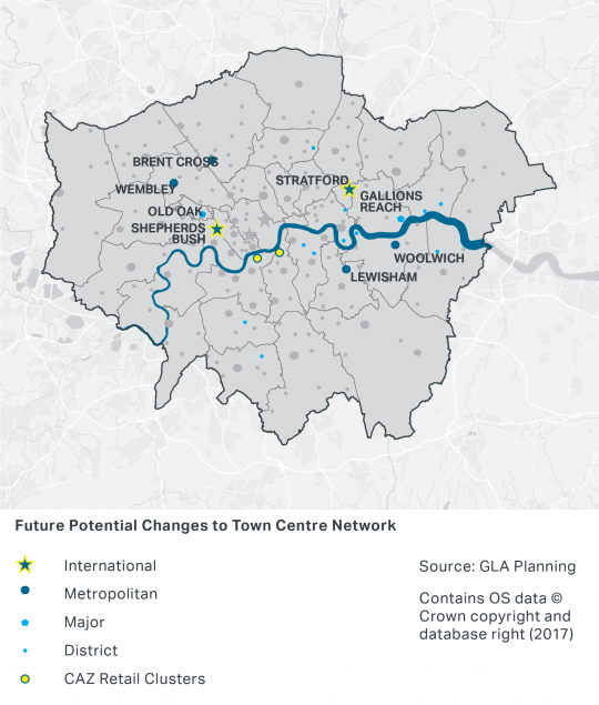 A map of London showing the centres that may have the potential to be re-classified in the future. Stratford and Shepherds Bush may be reclassified as international centres. Wembley, Brent Cross, Woolwich and Lewisham may be re-classified as metropolitan centres. Old Oak and Gallions Reach may be re-classified as major centres. There are two sites that may be reclassified as CAZ Retail Clusters in central London south of the River Thames. There are several areas along the River Thames in East London