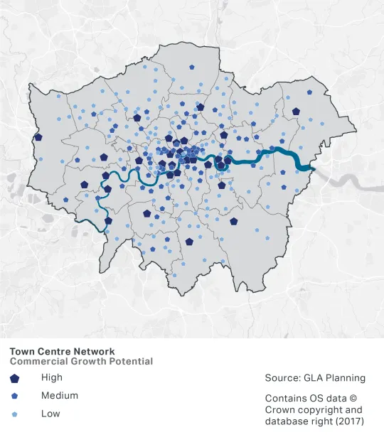 A map showing the location of London's town centres and their potential for high, medium or low commercial growth.  Areas of high commercial growth potential are mostly located around central London and along the River Thames, however there are some in the outer London Boroughs also.