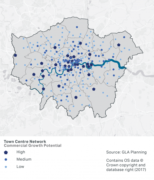 A map showing the location of London's town centres and their potential for high, medium or low commercial growth. Areas of high commercial growth potential are mostly located around central London and along the River Thames, however there are some in the outer London Boroughs also.