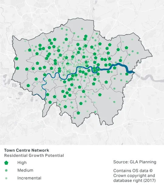 A map showing the location of London's town centres and their potential for high, medium or incremental residential growth. The areas identified for high growth are evenly spread across North and South London, with most London Boroughs including 2 areas at least, except for several east London Boroughs (Havering, Bexley and Bromley) and Islington, which each have one area identified. Kensington and Chelsea and Richmond upon Thames do not have any town centres identified for high growth potential. 