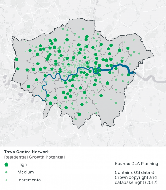 A map showing the location of London's town centres and their potential for high, medium or incremental residential growth. The areas identified for high growth are evenly spread across North and South London, with most London Boroughs including 2 areas at least, except for several east London Boroughs (Havering, Bexley and Bromley) and Islington, which each have one area identified. Kensington and Chelsea and Richmond upon Thames do not have any town centres identified for high growth potential.