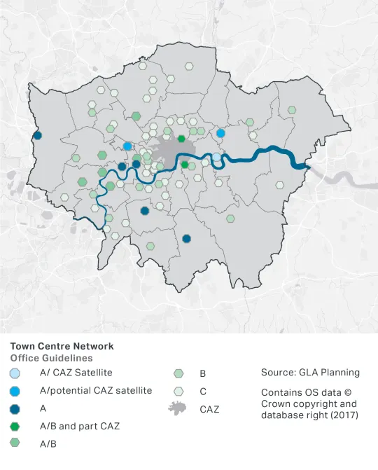 A map showing town centre office guidelines across London. They are mostly B (mixed-use office potential) and C (protect small office capacity). There are two areas of speculative office potential or Central Activities Zone office satellite in North London.