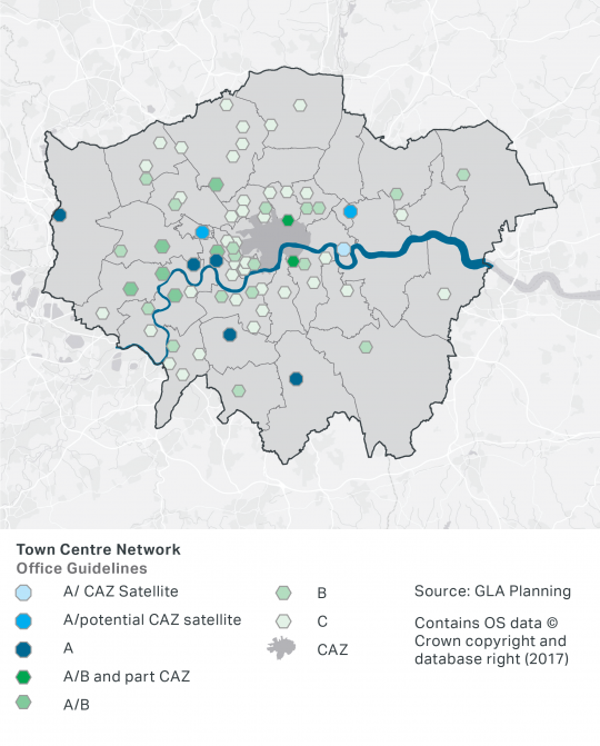 A map showing town centre office guidelines across London. They are mostly B (mixed-use office potential) and C (protect small office capacity). There are two areas of speculative office potential or Central Activities Zone office satellite in North London.