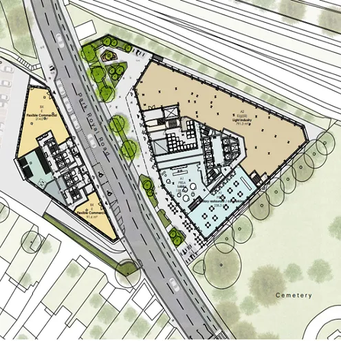 Image showing proposed upper ground floor showing the ‘east’ and ‘west’ sites, as well as a pocket park to the north of the ‘east’ site